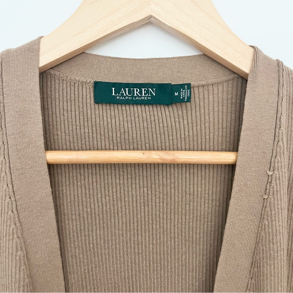 Lauren Ralph Lauren Open Front Cardigan Sweater Ribbed Knit Tan Brown Womens M - Picture 9 of 12